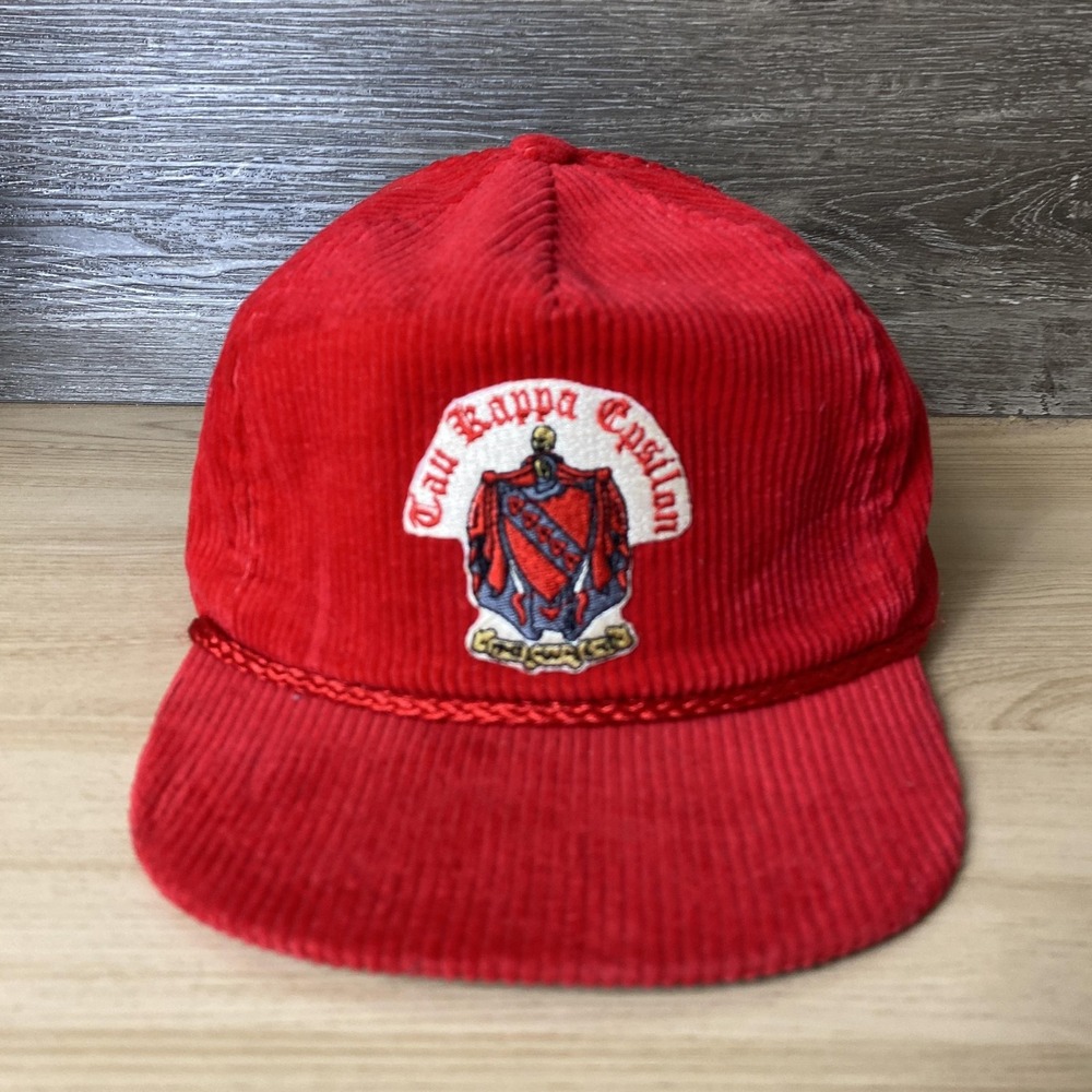 Vintage Tau Kappa Epsilon Hat Cap Strap Back Corduroy Patch Mens Made USA 80s